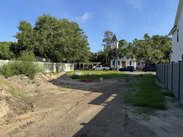 a view of a yard with plants and trees