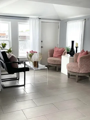 a living room with furniture and a potted plant