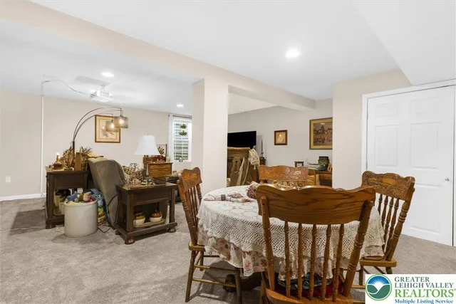 a view of a dining room with furniture