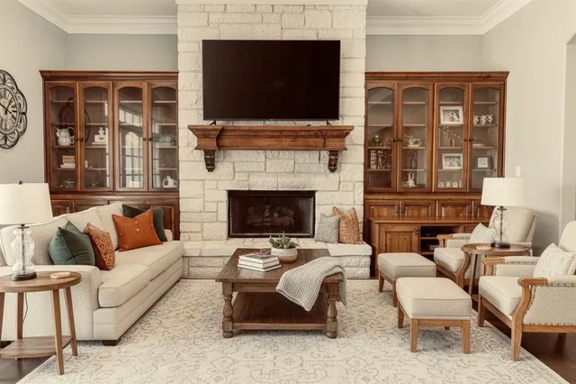 a living room with furniture and a fireplace
