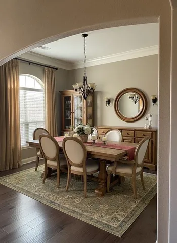 a view of a dining room with furniture and window