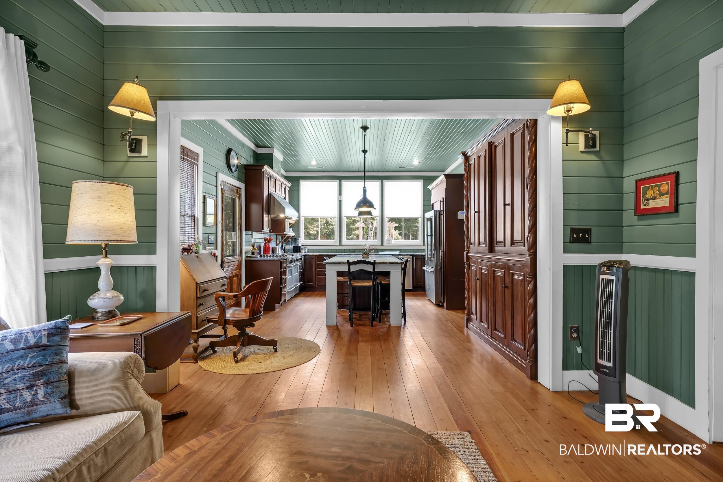 13232 Mary Ann Bch Road Fairhope, AL 36532 - Photo 14 of 79 Living room with wooden walls, light wood-style floors, and wooden ceiling