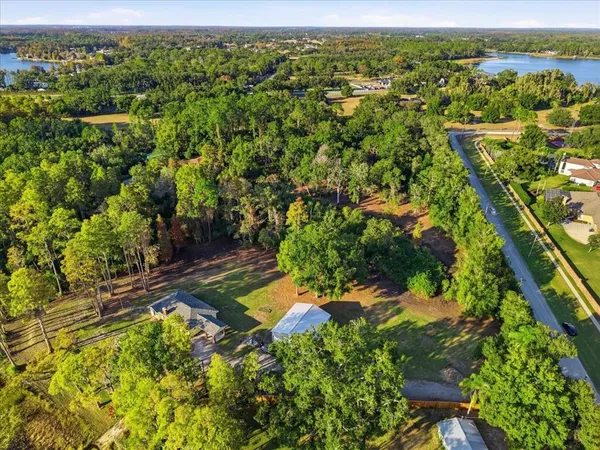 a view of a city with lush green forest