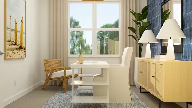 a living room with a table chairs and a chandelier
