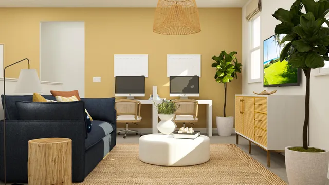 a living room with furniture and a potted plant