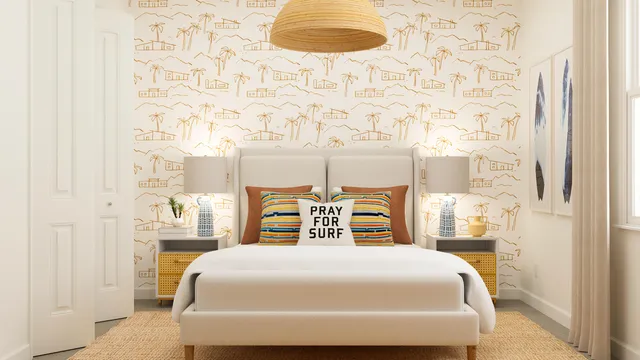 a bedroom with a bed a mirror and a window