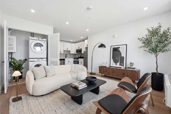 a living room with furniture fireplace and potted plant
