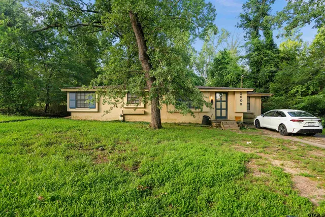 a view of a house with backyard and a tree