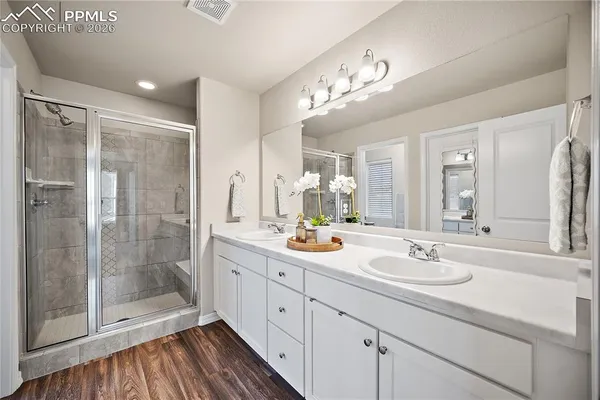 a bathroom with a shower sink and mirror