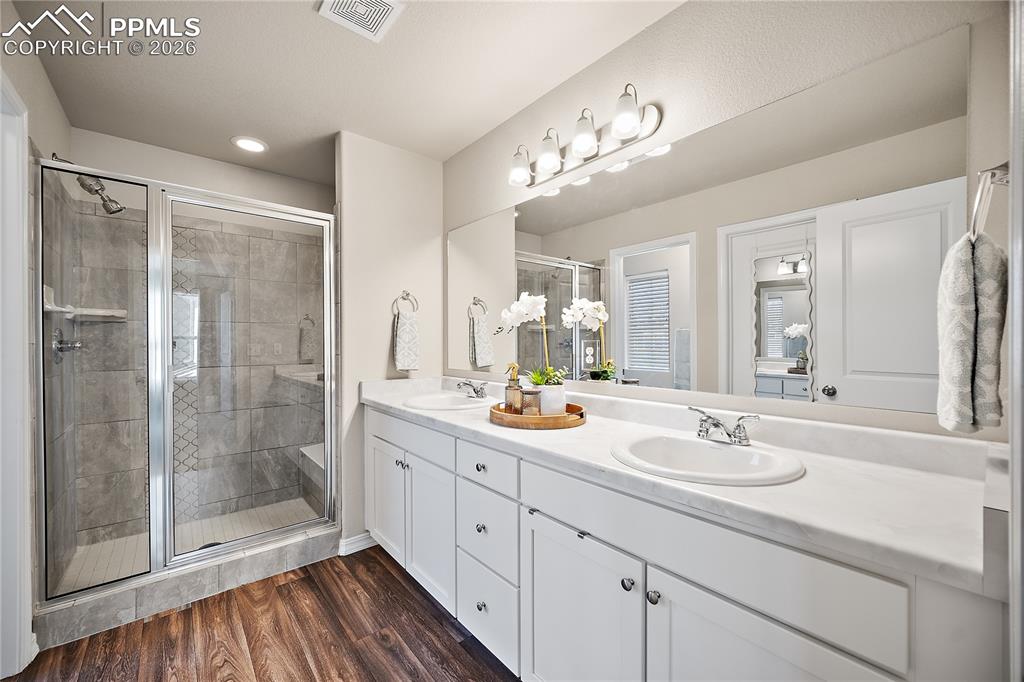 4295 Samaritan Loop Colorado Springs, CO 80916 - Photo 23 of 50 a bathroom with a shower sink and mirror