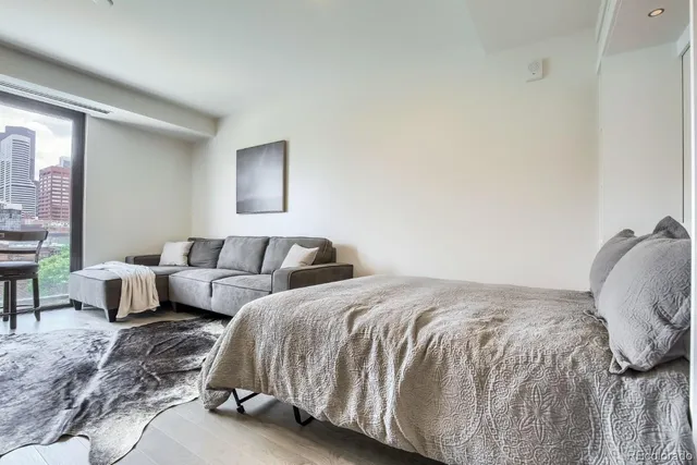 a bedroom with a bed and a couch