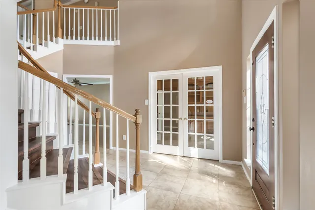 a view of staircase with large window