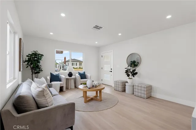 a living room with furniture and a potted plant