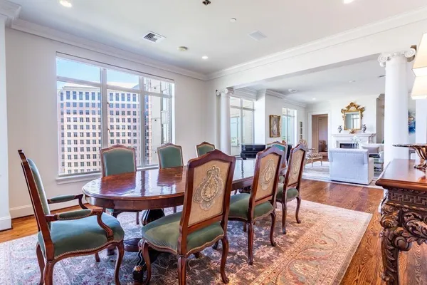 a view of a dining room with furniture
