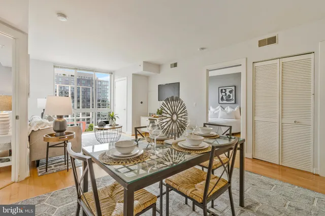 a view of a dining room with furniture