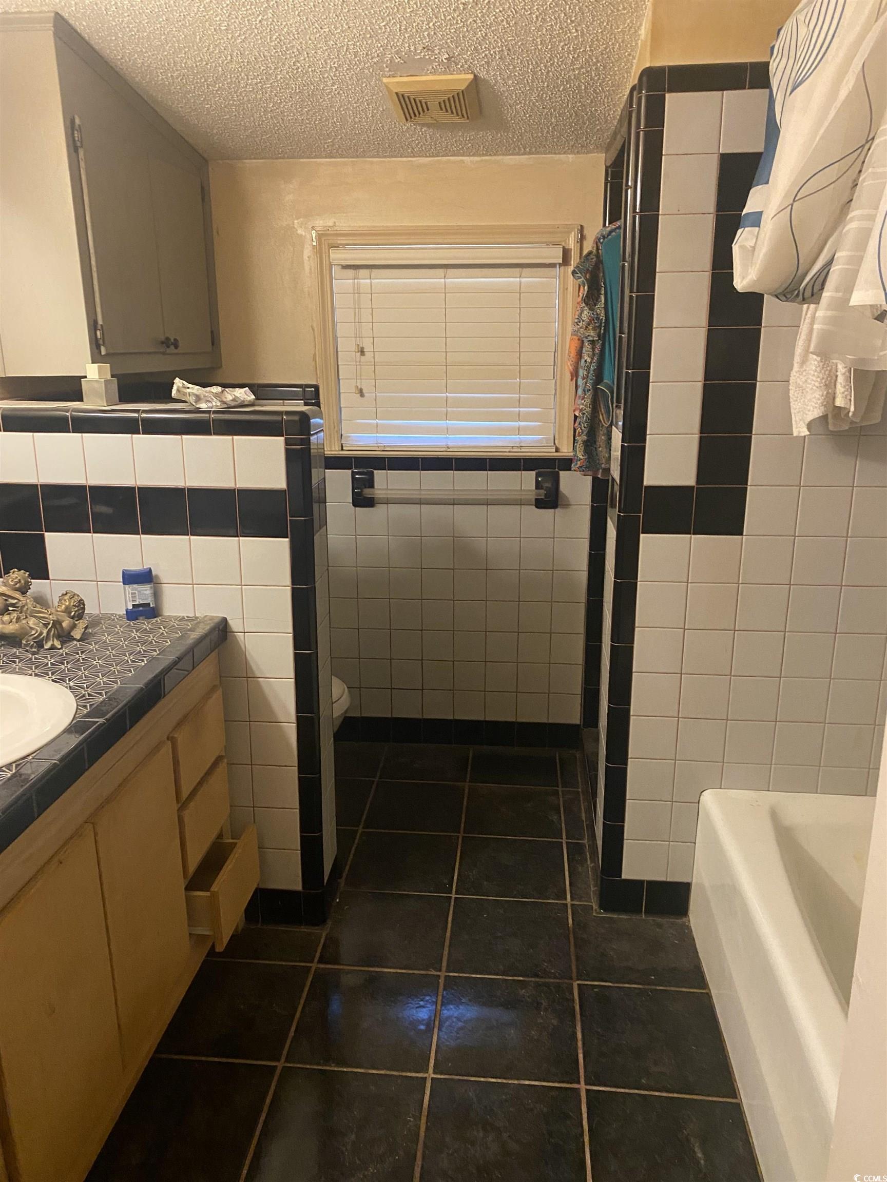 708 Grices Ferry Mullins, SC 29574 - Photo 8 of 13 Bathroom featuring vanity, toilet, tile walls, and a textured ceiling