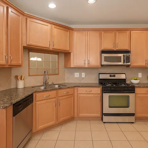 a kitchen with granite countertop a stove sink and cabinets