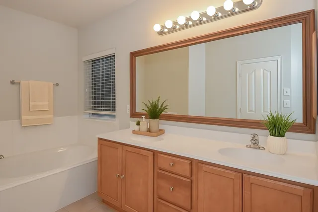 a bathroom with a granite countertop sink a mirror a potted plant and a bathtub