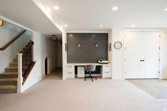 924 Country Lane Farmington, UT 84025 - Photo 48 of 91 Integrated office nook featuring built-in cabinetry and a herringbone-patterned accent wall