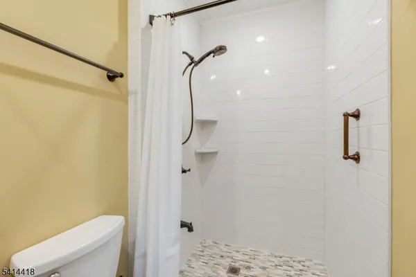 a bathroom with a shower and a toilet