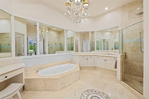a bathroom with a tub a sink shower and mirror
