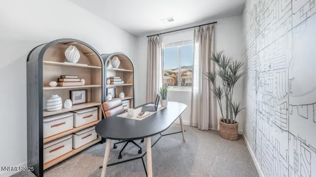 a workspace with furniture and window