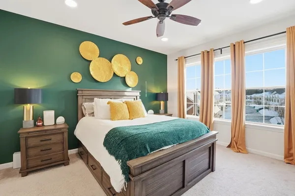 a bedroom with a bed and dresser