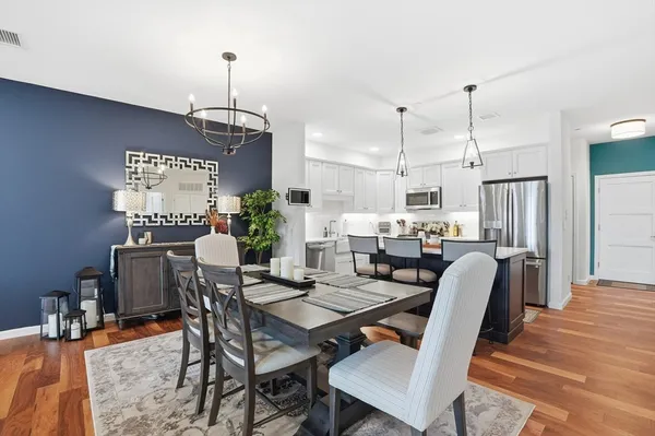 a view of a dining room with furniture