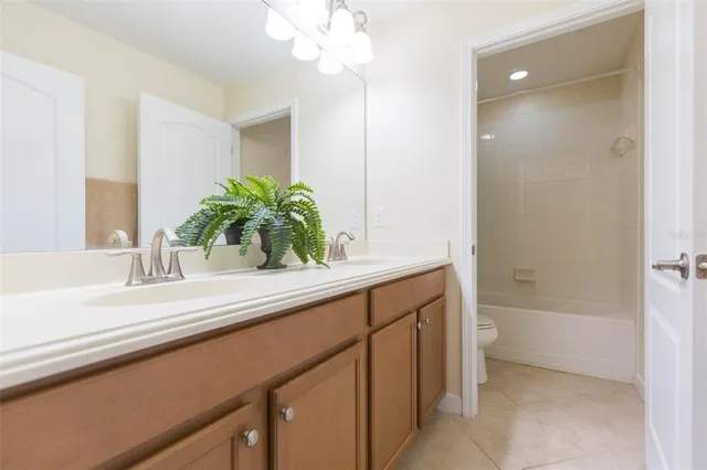 a bathroom with a sink a large mirror and a bathtub
