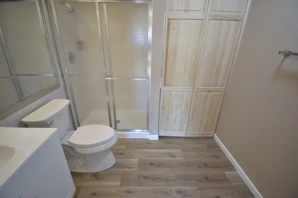 a bathroom with a shower and a toilet