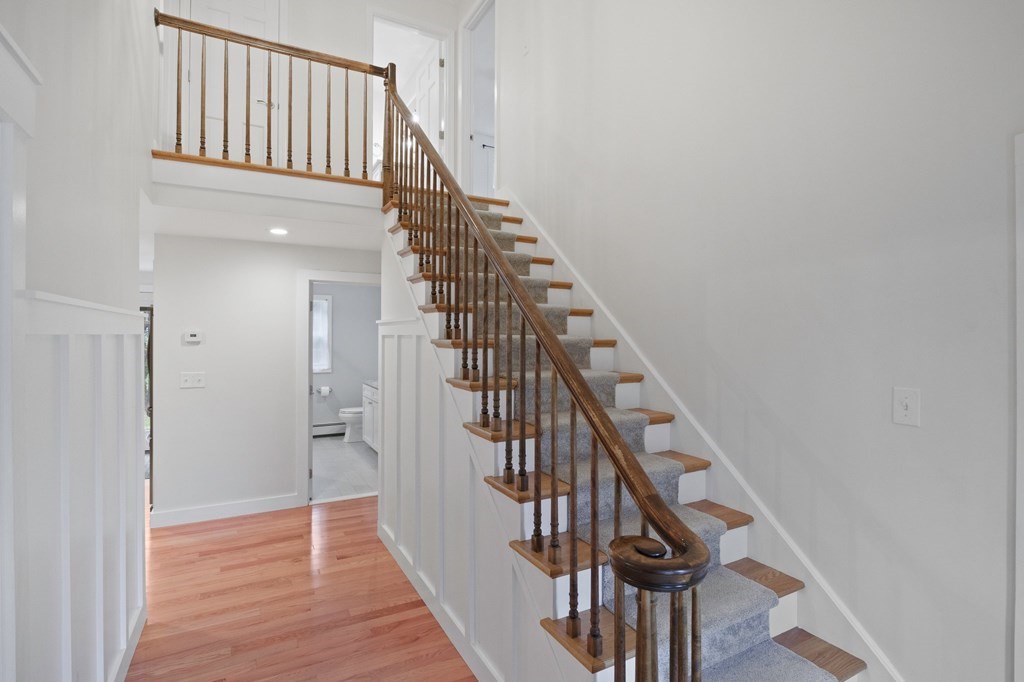 29 Stuart Road Rochester, MA 02770 - Photo 6 of 41 a view of staircase with wooden floor and white walls