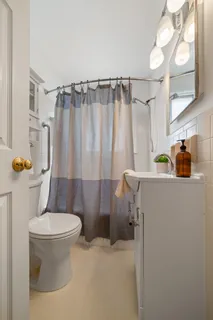 a bathroom with a sink a toilet and shower curtain