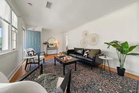 a living room with furniture potted plant and a window