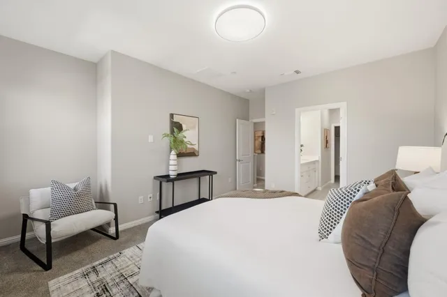 a bedroom with a bed and a couch