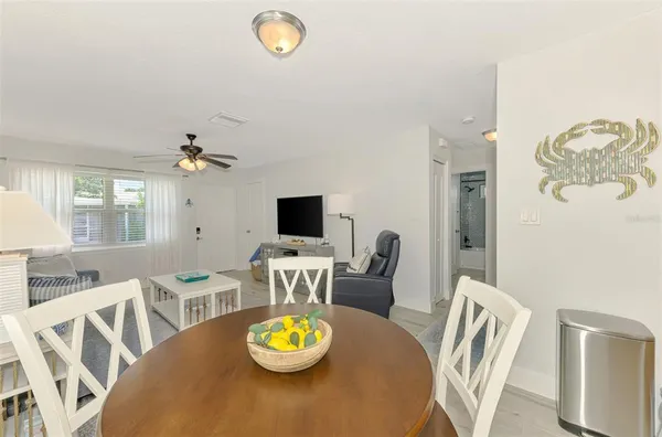 a view of a dining room with furniture