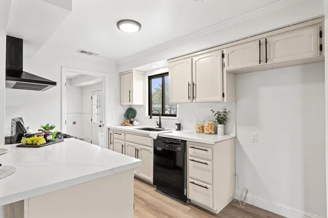 a kitchen with a sink dishwasher and white cabinets