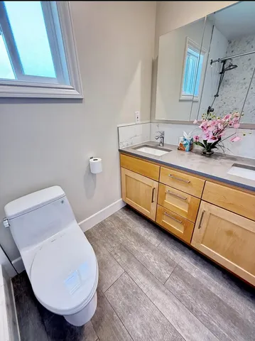 a bathroom with a sink mirror and toilet