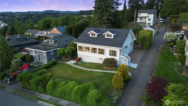 a aerial view of a house with a garden