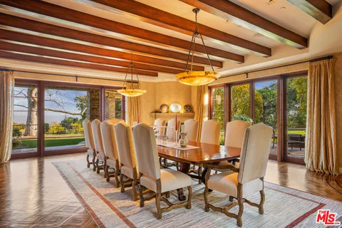 a view of a dining room with furniture wooden floor and a potted plant
