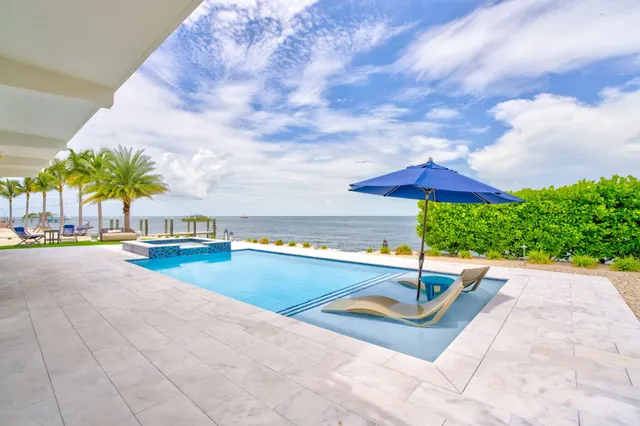 an aerial view of residential houses with outdoor space and swimming pool