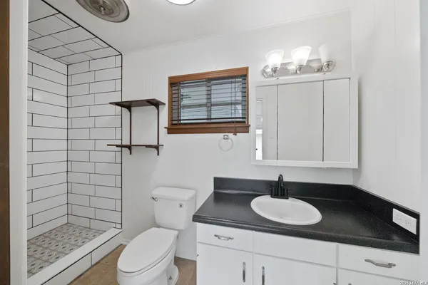 a bathroom with a sink a toilet and shower