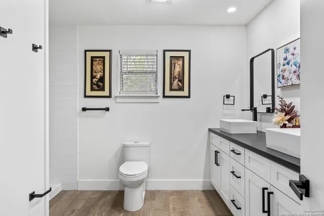 a bathroom with a toilet a sink and mirror