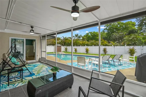 a balcony with furniture