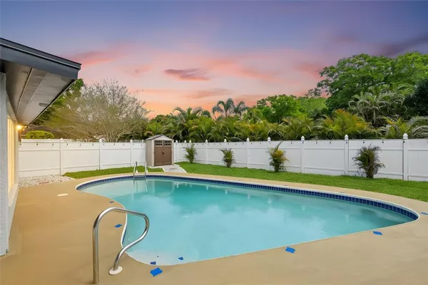 a view of a swimming pool with a yard and large trees