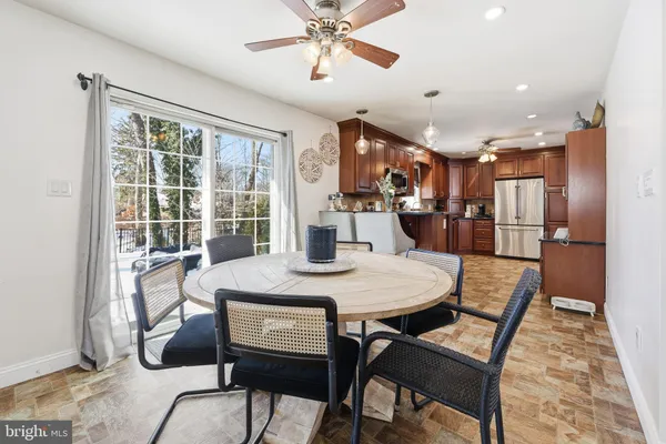 a view of a dining room with furniture window and outside view