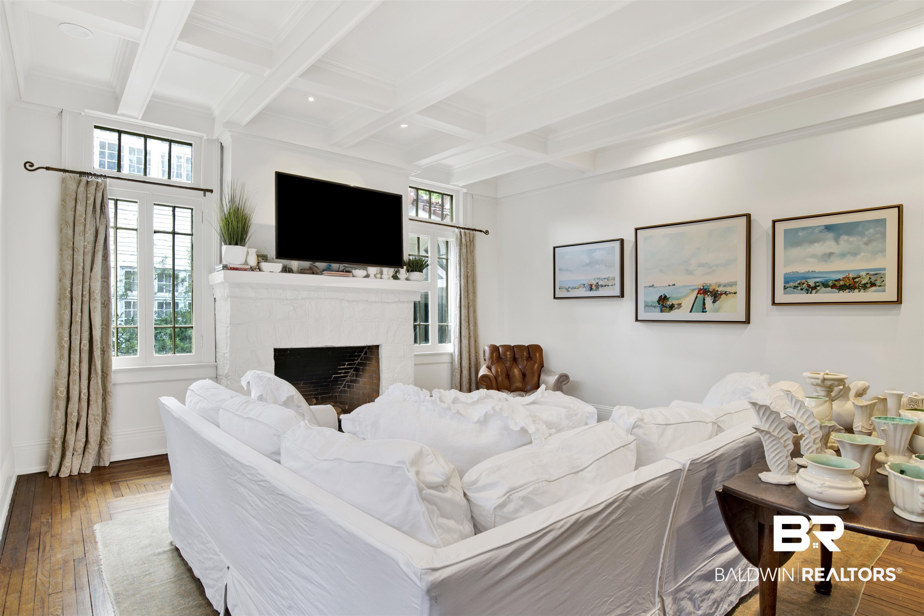 1654 Government Street Mobile, AL 36604 - Photo 14 of 45 Living room featuring beam ceiling, hardwood / wood-style flooring, and coffered ceiling