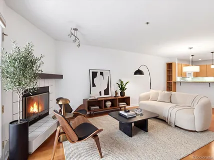 a living room with furniture a flat screen tv and a fireplace