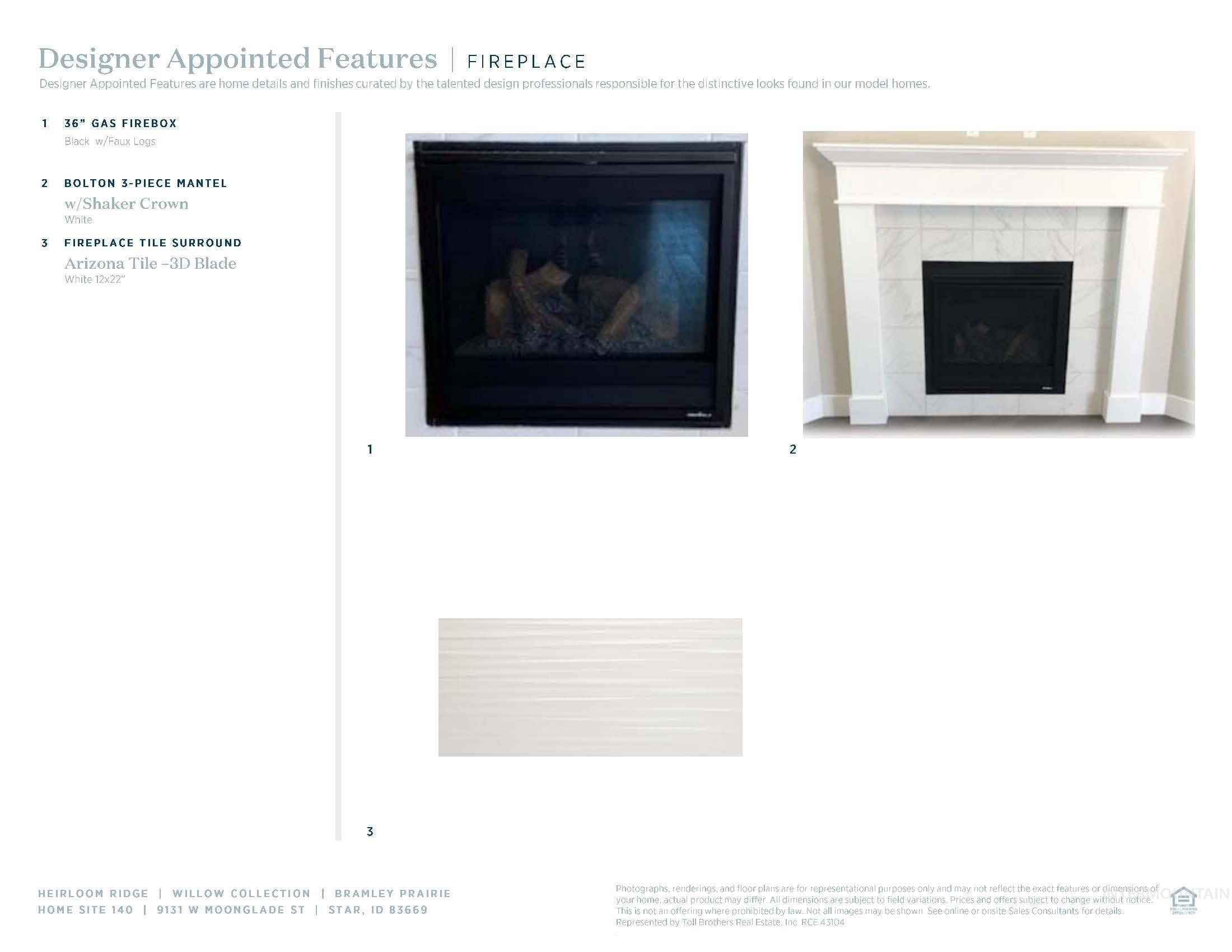 9131 West Moonglade Street Star, ID 83669 - Photo 21 of 22 Designer Appointed Features, Fireplace. Detailing specific components and materials for the property's fireplace