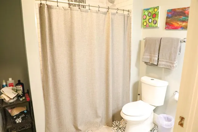 a white toilet sitting next to a shower curtain