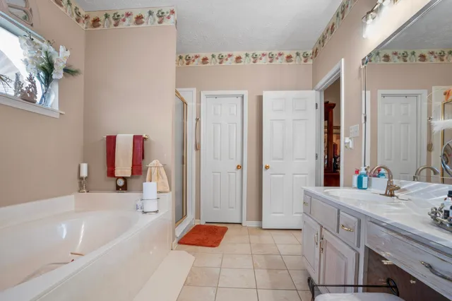 a bathroom with a bathtub sink and mirror